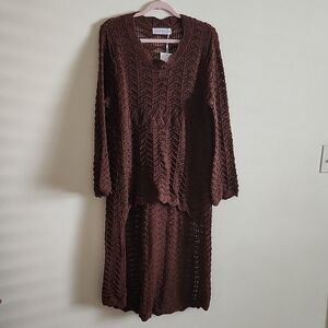 Brown Crochet Knit Dress Top Sweater Blouse Flare Sleeve High Low Style Shirt